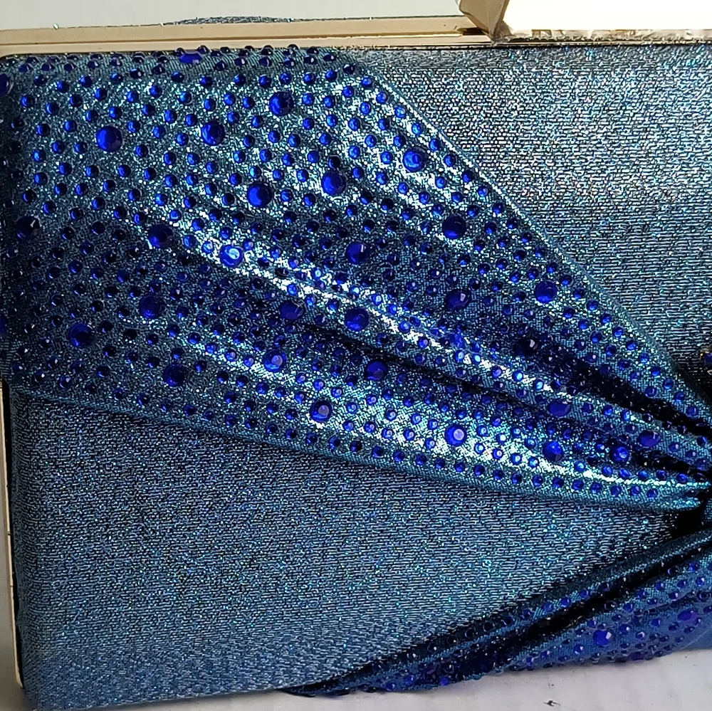 Exquisite Shimmer Multi Blue Satin Evening Clutch Bag Clasp Closure Metallic